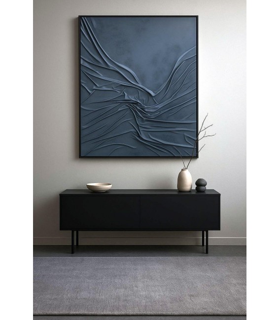 Cuadro azul XL abstracto con marco negro, arte textil moderno. Mdmhogar