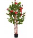 Planta artificial con flores rojas, ideal para decorar interiores.
