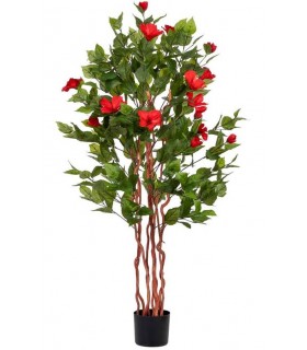 Planta artificial con flores rojas, ideal para decorar interiores.