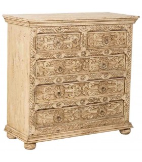 Cómoda étnica de madera tallada en blanco roto con 5 cajones.