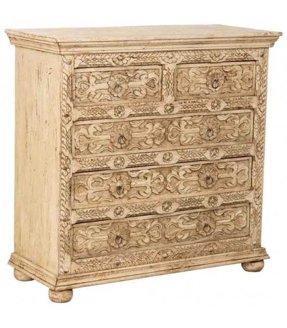Cómoda étnica de madera tallada en blanco roto con 5 cajones.