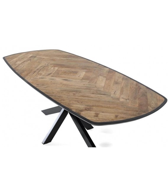 Mesa de comedor industrial de madera de mango con diseño chevron. 2