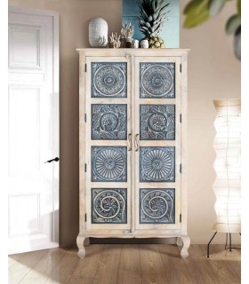 Armario alacena de madera tallada natural y azul, estilo étnico. Mdmhogar