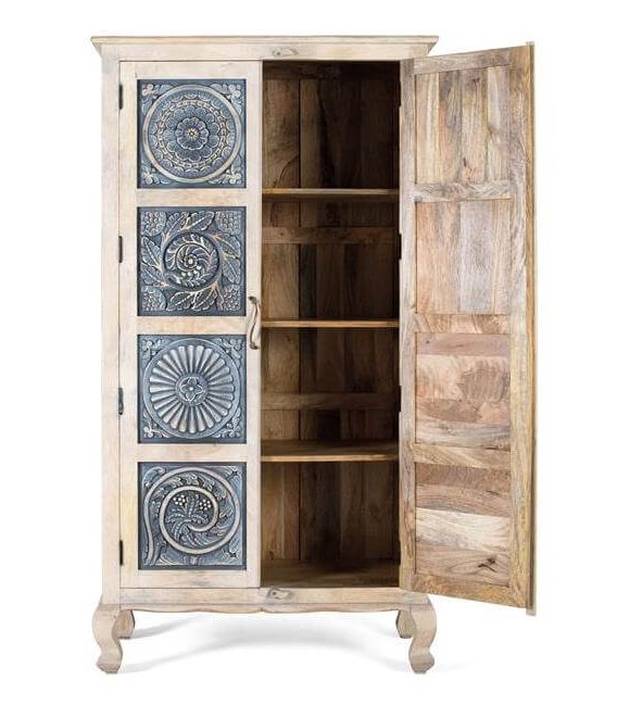 Armario alacena de madera tallada natural y azul, estilo étnico. 1