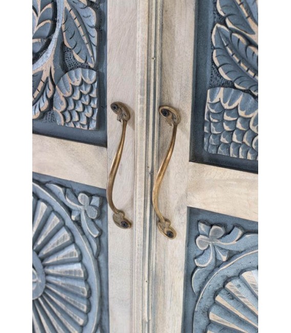 Armario alacena de madera tallada natural y azul, estilo étnico. 3