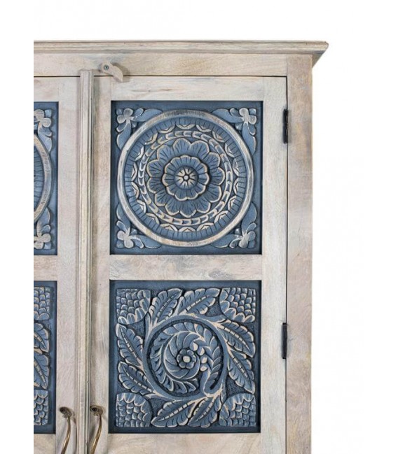 Armario alacena de madera tallada natural y azul, estilo étnico. 2