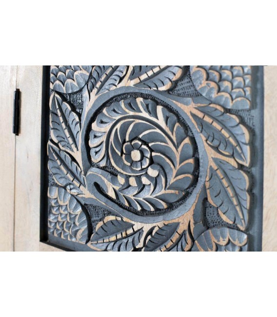 Armario alacena de madera tallada natural y azul, estilo étnico. 4