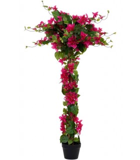 Planta artificial buganvilla roja con maceta decorativa interior.