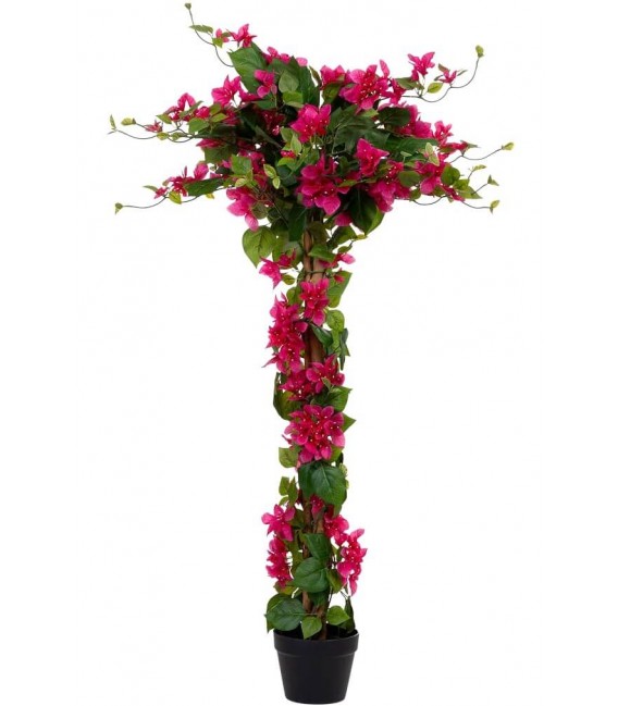 Planta artificial buganvilla roja con maceta decorativa interior.