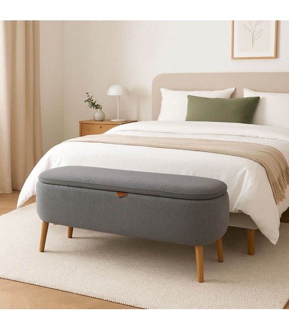 Banco pie de cama baúl nórdico en gris claro con patas madera. Mdmhogar
