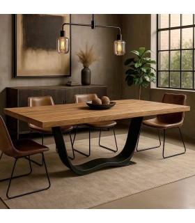 Mesa de comedor industrial en madera natural y hierro negro. Mdmhogar