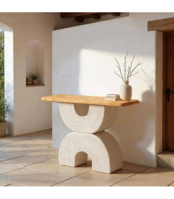 Consola ibicenca en blanco yeso con tapa en madera natural. Mdmhogar
