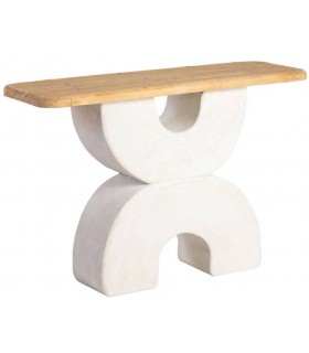 Consola ibicenca en blanco yeso con tapa en madera natural.