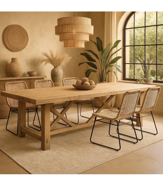 Mesa de comedor boho XXL en madera maciza natural pino artesanal.