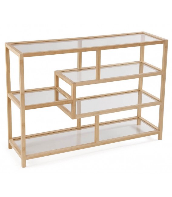 Estantería boho baja de bambú natural con baldas de cristal.