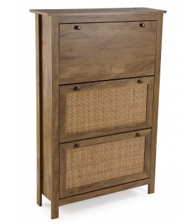 Zapatero boho de madera nogal y ratán natural con 3 puertas. 1