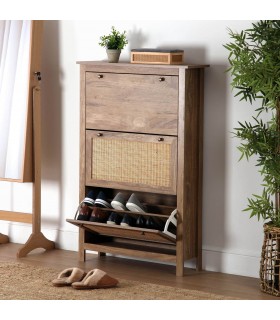 Zapatero boho de madera nogal y ratán natural con 3 puertas. Mdmhogar