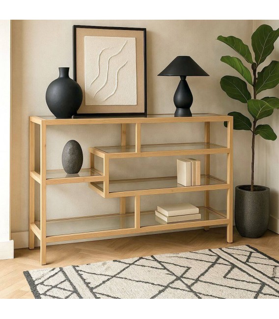Estantería boho baja de bambú natural con baldas de cristal. Mdmhogar