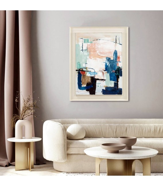 Cuadro abstracto vertical con marco marfil, pintado a mano. Mdmhogar