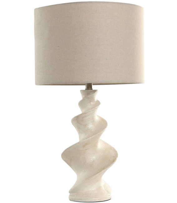 Lámpara boho alta con base de espiral marfil y pantalla de lino topo. 1