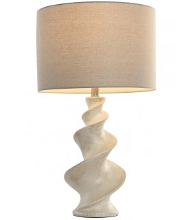 Lámpara boho alta con base de espiral marfil y pantalla de lino topo.