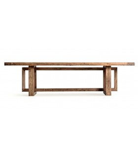 Mesa de comedor boho XXL en madera natural patinada marrón.