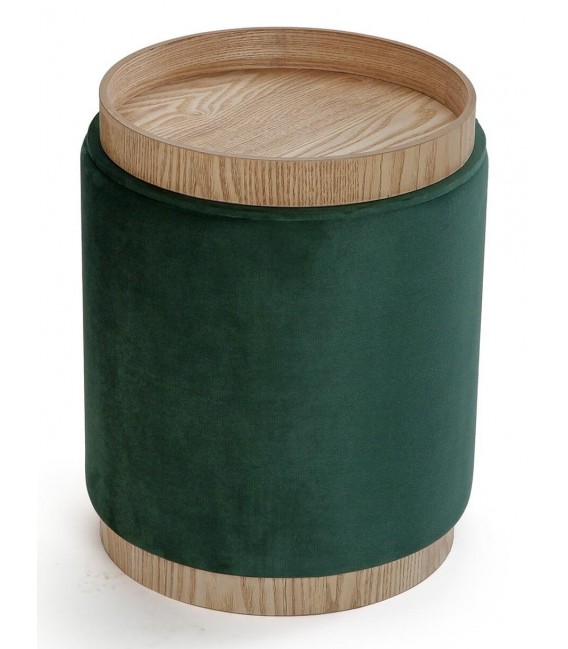 Puf redondo verde con bandeja y almacenaje en madera natural. 3