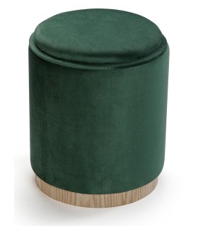 Puf redondo verde con bandeja y almacenaje en madera natural.