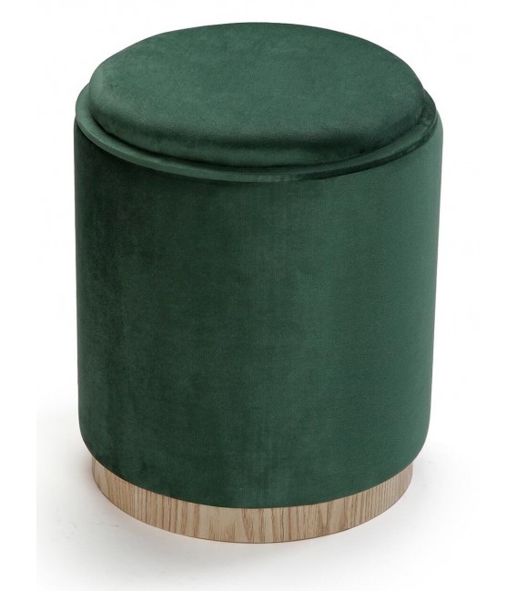 Puf redondo verde con bandeja y almacenaje en madera natural.