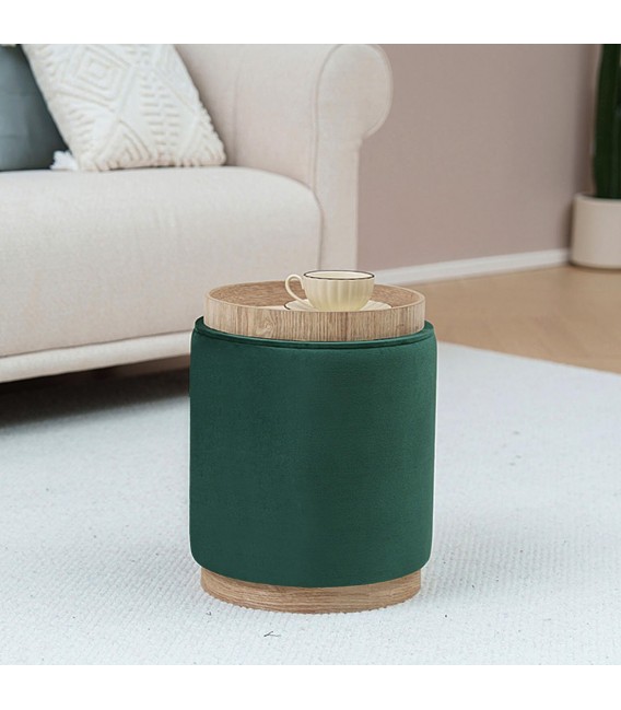 Puf redondo verde con bandeja y almacenaje en madera natural. 1