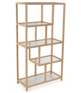 Estantería boho de bambú y cristal con estructura vertical baja.