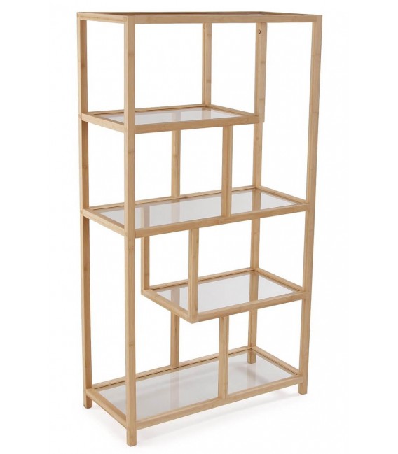 Estantería boho de bambú y cristal con estructura vertical baja.