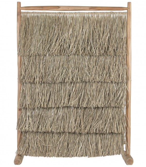 Biombo boho de madera y fibras naturales, ligero y decorativo.