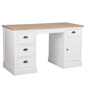 Escritorio rústico blanco con tapa natural, puerta y cajones.