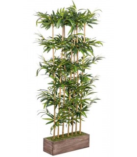 Planta artificial bambu verde con maceta de madera para interior.