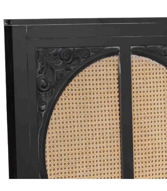 Cabecero oriental de madera negra y ratán para cama de matrimonio. 3