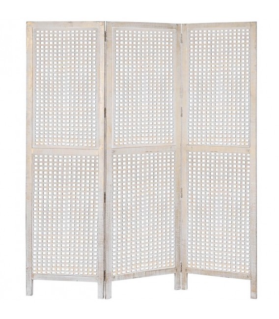 Biombo boho de madera con acabado oro viejo y blanco decapado.