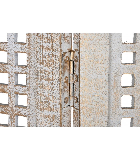 Biombo boho de madera con acabado oro viejo y blanco decapado. 3