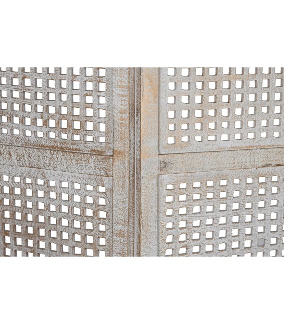 Biombo boho de madera con acabado oro viejo y blanco decapado. 4