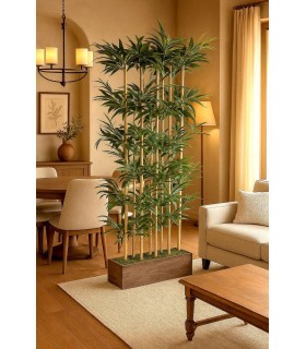 Planta artificial bambu verde con maceta de madera para interior. Mdmhogar