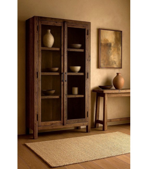 VITRINA 100 X 40 X 180 ZARFIO MADERA RECICLADA COLOR NOGAL ENVEJECIDO