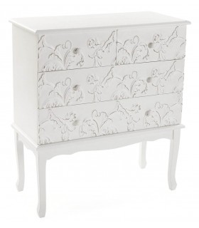 Cómoda romántica blanca de madera tallada con cuatro cajones.