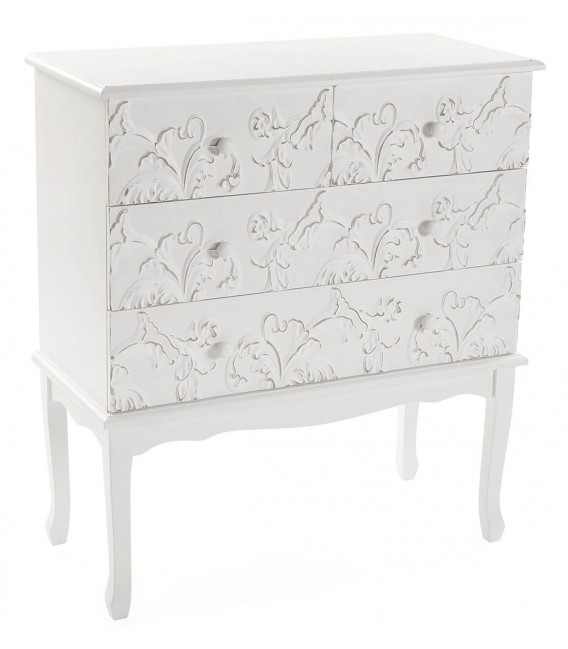 Cómoda romántica blanca de madera tallada con cuatro cajones.