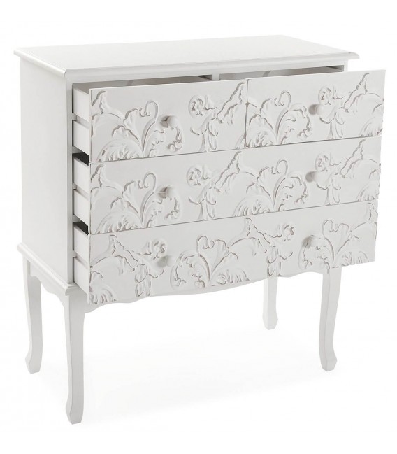 Cómoda romántica blanca de madera tallada con cuatro cajones. 2