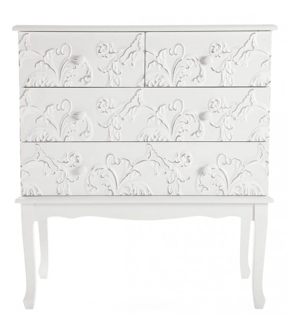 Cómoda romántica blanca de madera tallada con cuatro cajones. 1