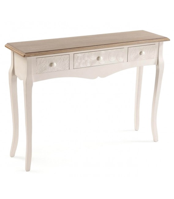 Consola romántica blanca y madera natural con tres cajones amplios.