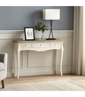 Consola romántica blanca y madera natural con tres cajones amplios. Mdmhogar
