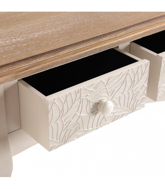 Consola romántica blanca y madera natural con tres cajones amplios. 4