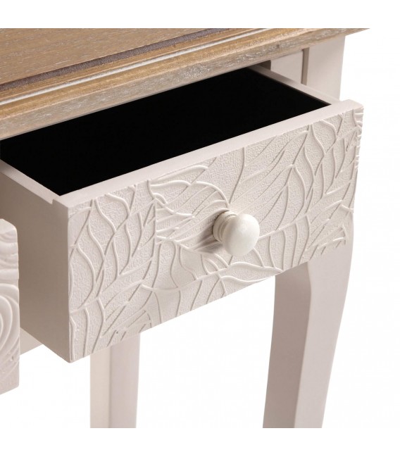 Consola romántica blanca y madera natural con tres cajones amplios. 6