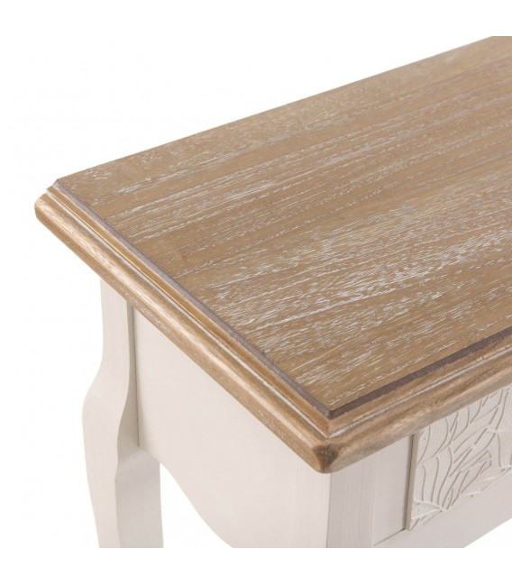 Consola romántica blanca y madera natural con tres cajones amplios. 3